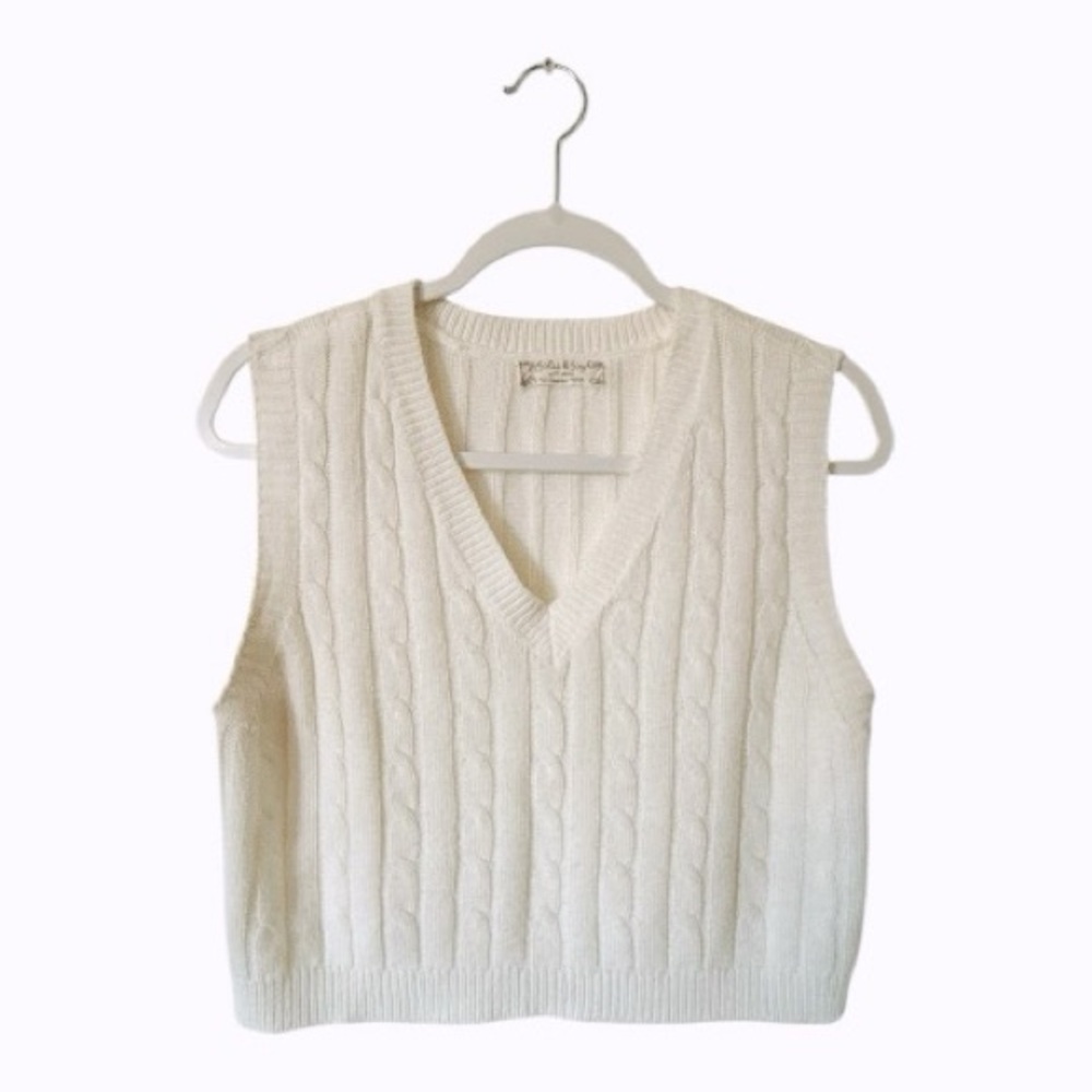 Cream Cable Knit Sweater Vest Cropped | Preppy V-Neck | Size M